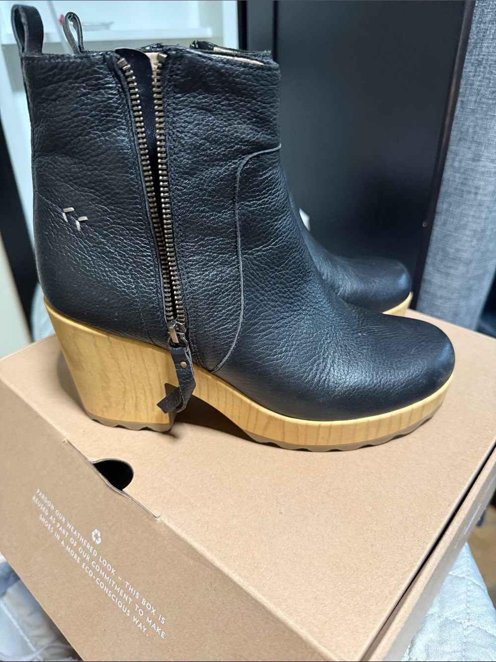 Dr. Scholl's Black Leather Ankle Boots with Wood-Effect Platform Heel